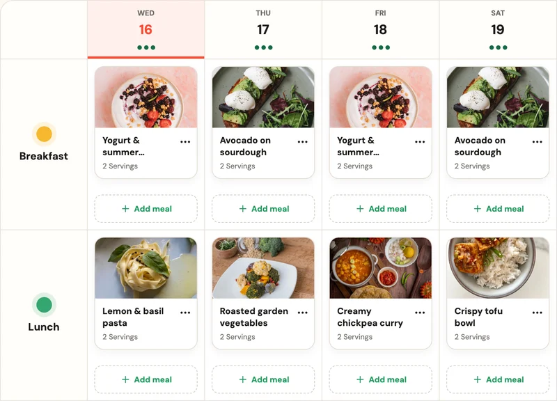 Pantrae’s meal planner with photos of breakfast and lunch recipes, including lemon and basil pasta