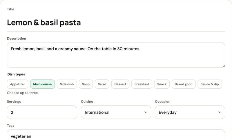 Pantrae’s editable import draft for lemon and basil pasta, ready to review