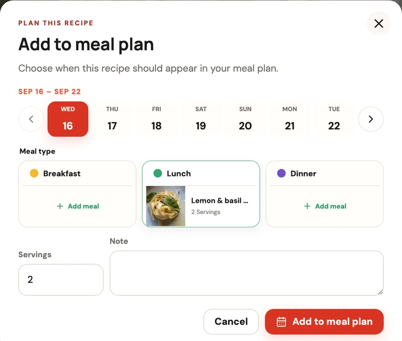 Pantrae’s planning dialog showing lemon and basil pasta for Wednesday, September 16, for two people
