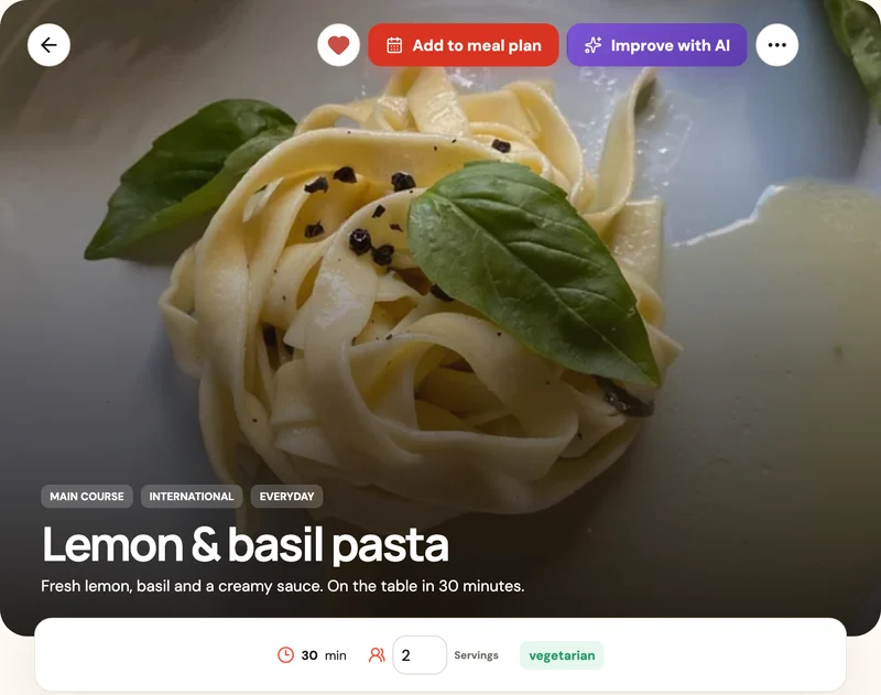 Saved lemon and basil pasta recipe in Pantrae with its photo, preparation time and portions