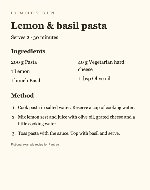 Fictional recipe sheet for lemon and basil pasta with ingredients and instructions