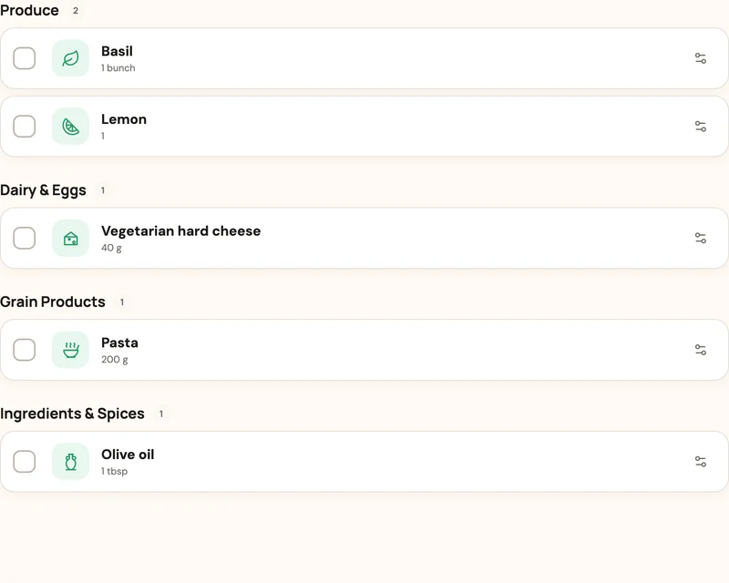 Pantrae shopping list containing pasta, lemon, basil, cheese and olive oil for the same recipe